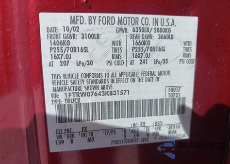 2003 Ford F-150 Lariat/Xlt z USA, uszkodzony, nr VIN 1FTRW07643KB31571